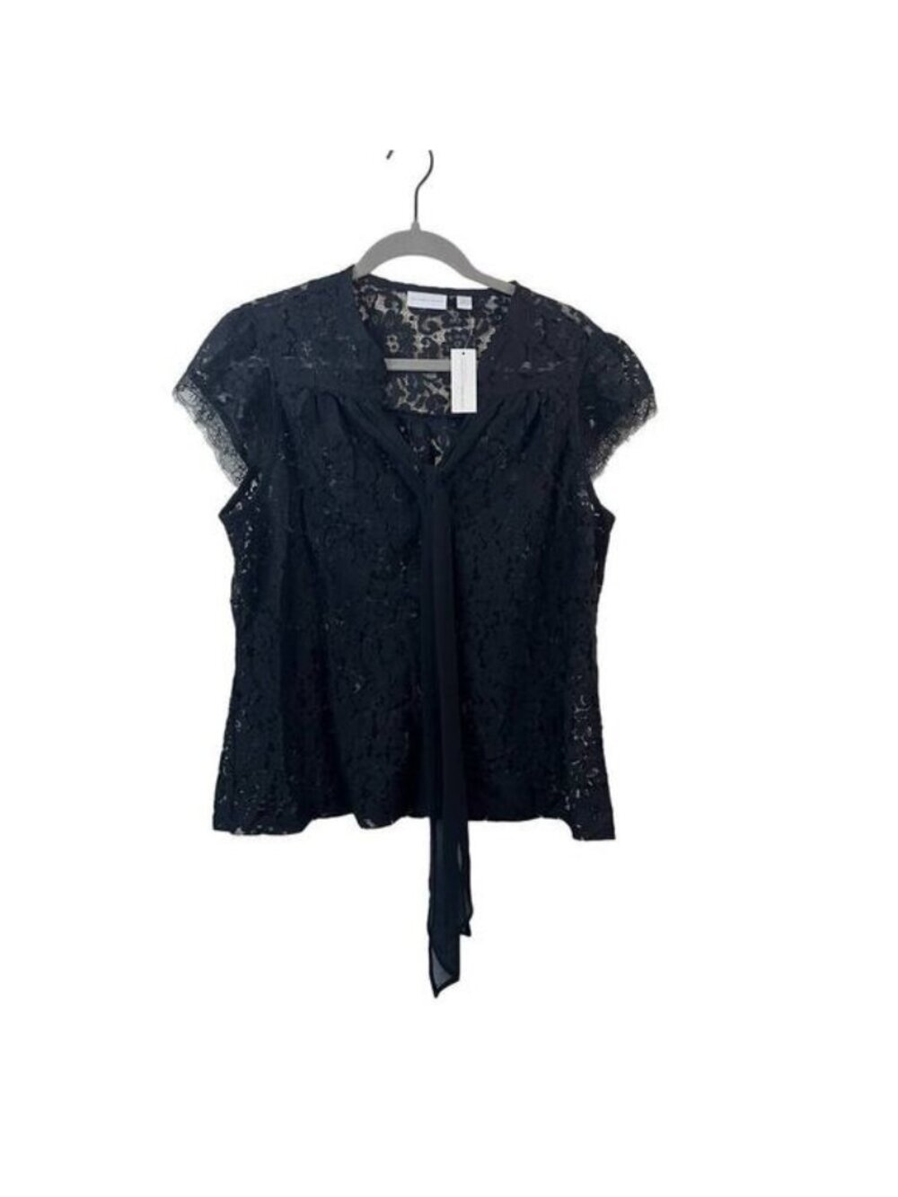 New York & Company Black Lace Tie-Neck Cap Sleeve Blouse XL